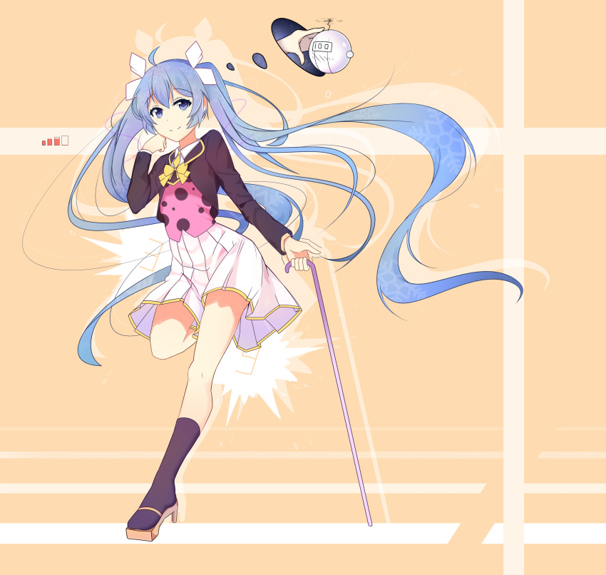 1girl absurdres blue_eyes blue_hair cane floating_hair full_body hatsune_miku highres long_hair looking_at_viewer nagisa_(pixiv17634981) sandals skirt smile solo twintails very_long_hair vocaloid