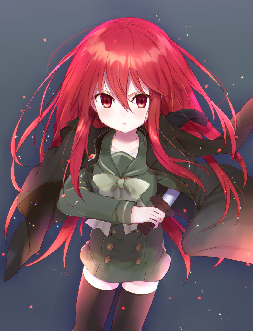 1girl absurdres alastor_(shakugan_no_shana) black_legwear bow coat cowboy_shot green_bow green_serafuku green_skirt highres jewelry kakizato long_hair looking_at_viewer pendant red_eyes redhead school_uniform shakugan_no_shana shana skirt solo sword thigh-highs trench_coat weapon