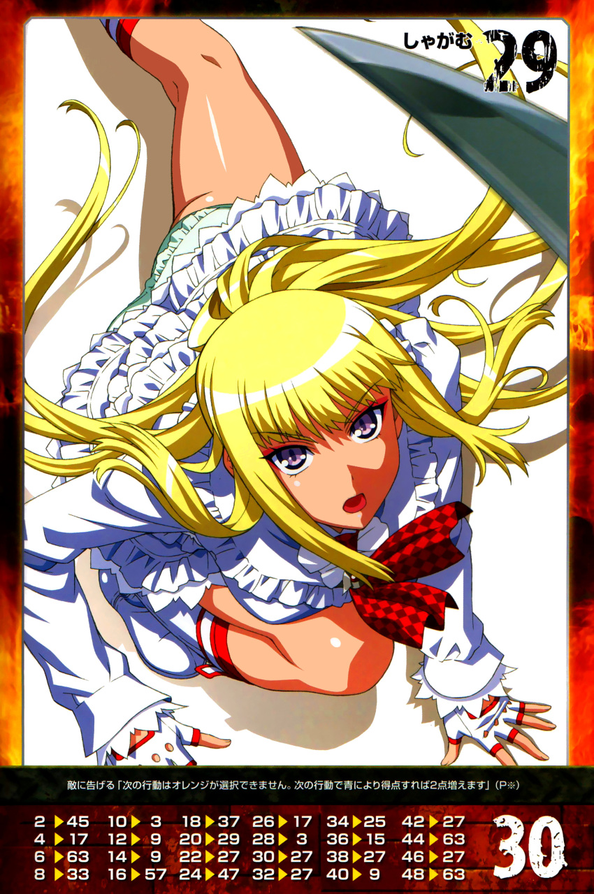 1girl absurdres bangs blonde_hair boots breasts detached_sleeves eyebrows_visible_through_hair fingerless_gloves frilled_skirt frills gloves highres knee_boots kneeling lili_(tekken) long_hair long_sleeves looking_at_viewer looking_up medium_breasts morita_kazuaki official_art open_mouth panties queen's_gate simple_background skirt solo tekken underwear violet_eyes white_background