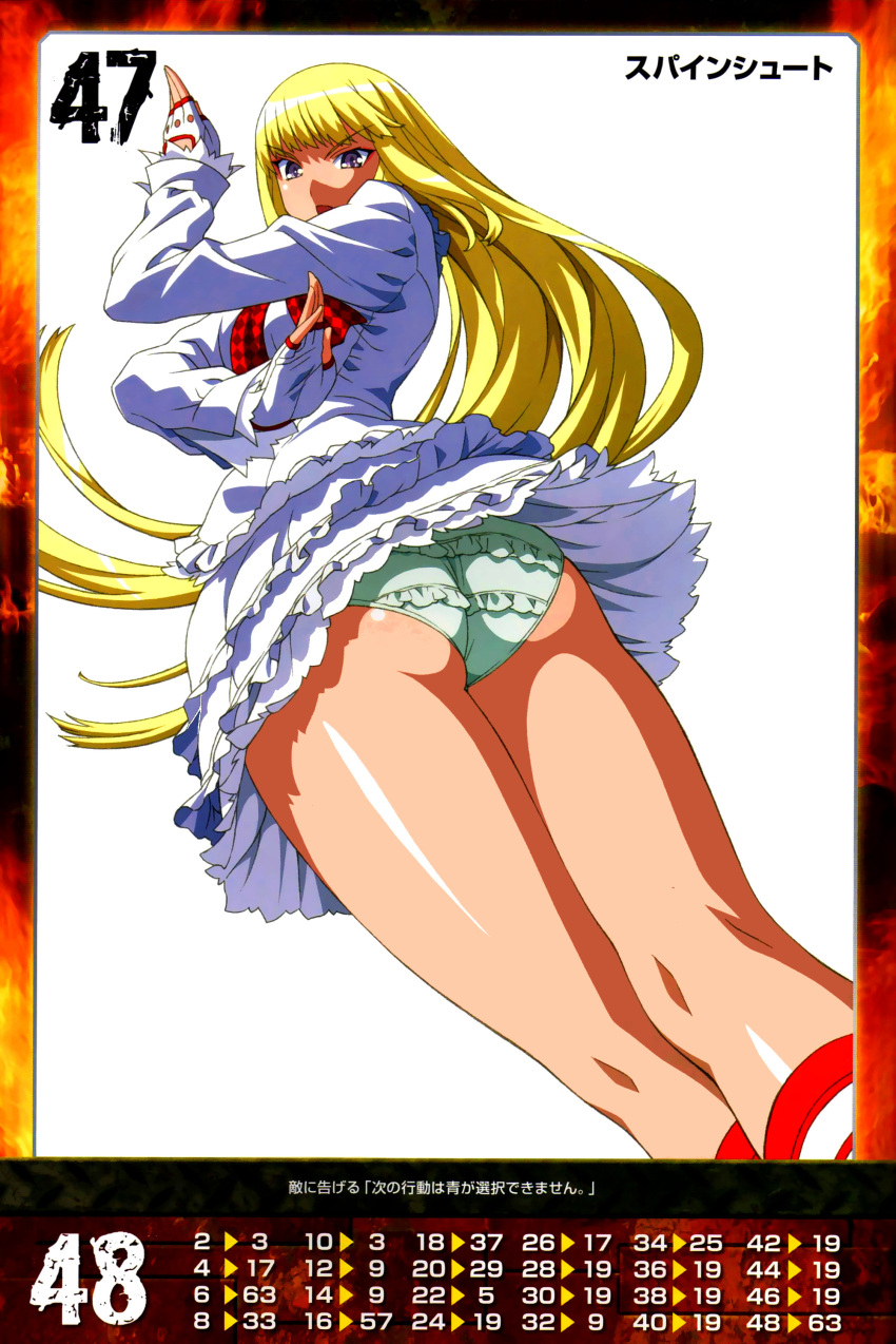 1girl absurdres ass bangs blonde_hair boots breasts detached_sleeves dutch_angle eyebrows_visible_through_hair fingerless_gloves frilled_panties frilled_skirt frills gloves highres knee_boots lili_(tekken) long_hair long_sleeves looking_at_viewer looking_back medium_breasts morita_kazuaki official_art open_mouth panties queen's_gate simple_background skirt smile solo tekken underwear violet_eyes white_background
