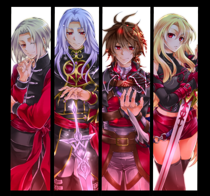 1girl 3boys ;) alternate_eye_color black_legwear blonde_hair blue_hair breasts breasts_apart brown_hair densetsu_no_yuusha_no_densetsu detached_sleeves ferris_eris fingerless_gloves gloves grey_pants hair_between_eyes highres holding holding_sword holding_weapon large_breasts long_hair looking_at_viewer lucile_eris mekeko multiple_boys one_eye_closed pants parted_lips red_eyes red_shorts ryner_lute short_shorts shorts silver_hair sion_astal sleeveless smile spiky_hair star sword thigh-highs very_long_hair weapon