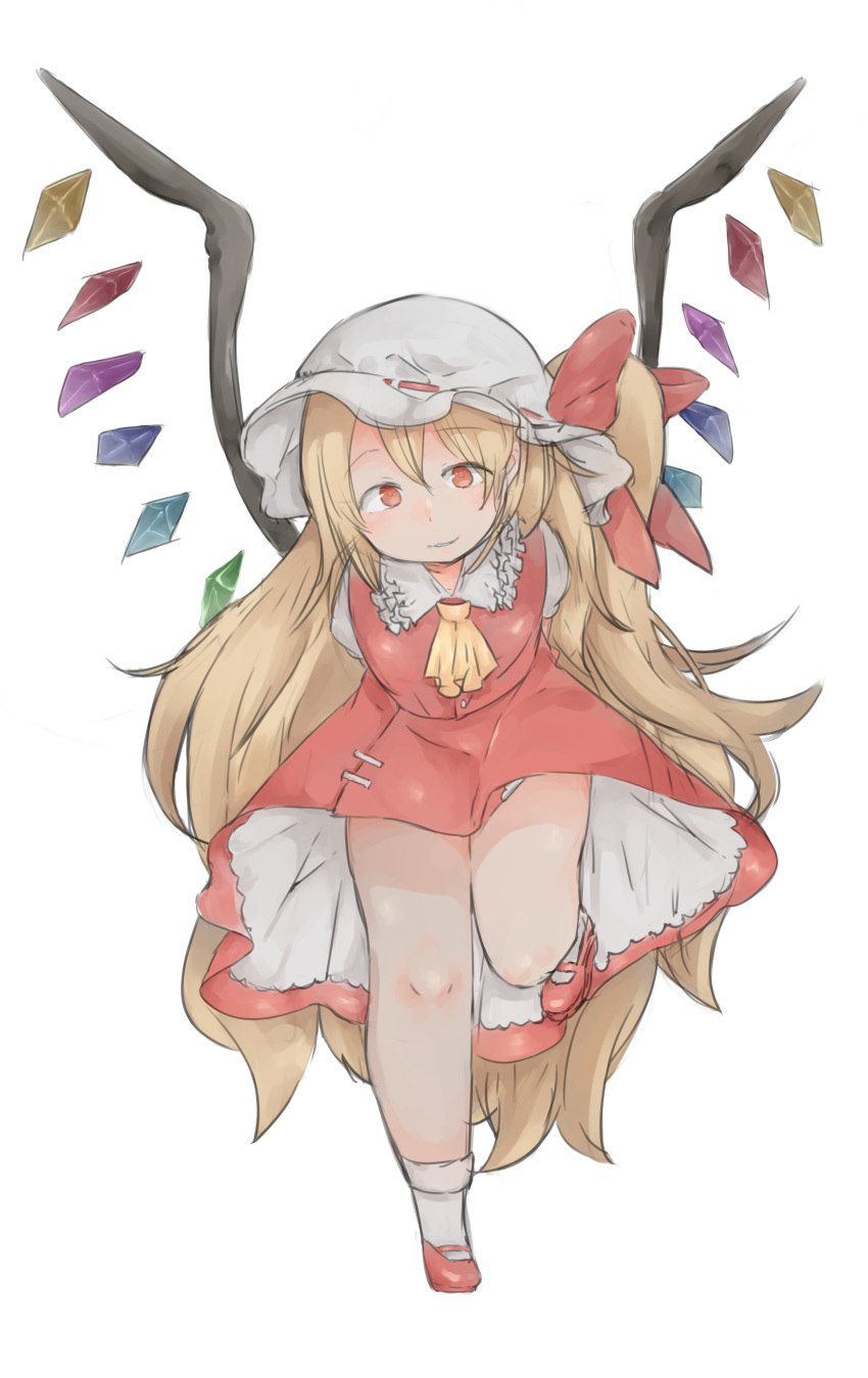 absurdres ascot blonde_hair bow crystal eyebrows_visible_through_hair flandre_scarlet frilled_shirt_collar frills hat hat_ribbon highres long_hair mob_cap puffy_short_sleeves puffy_sleeves pushun_(muteki) red_bow red_eyes red_shoes red_skirt red_vest ribbon shoes short_sleeves side_ponytail skirt smile socks touhou vest wings yellow_ascot