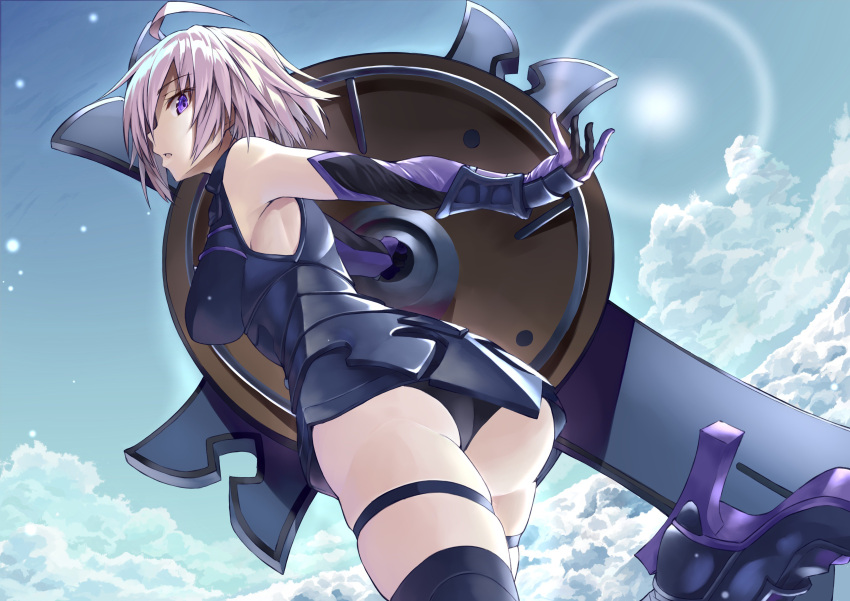 1girl absurdres armor armored_dress ass breasts clouds cloudy_sky day detached_sleeves elbow_gloves fate/grand_order fate_(series) gloves hair_over_one_eye highres large_breasts looking_at_viewer parted_lips purple_gloves purple_hair purple_legwear shielder_(fate/grand_order) short_hair shunichi skindentation sky standing standing_on_one_leg sun sunlight thigh_strap thighs violet_eyes