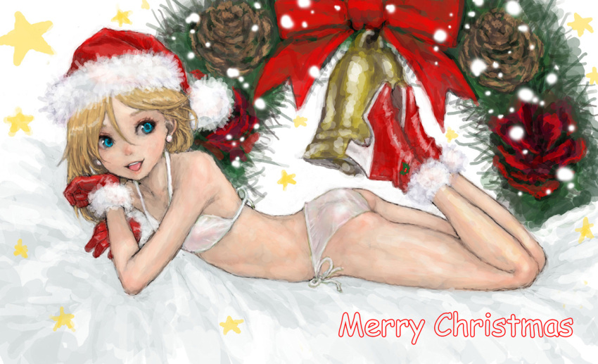 blonde_hair blue_eyes christmas gloves hat lying open_mouth pon santa_hat short_hair side-tie_bikini smile snow stocking_cap swimsuit