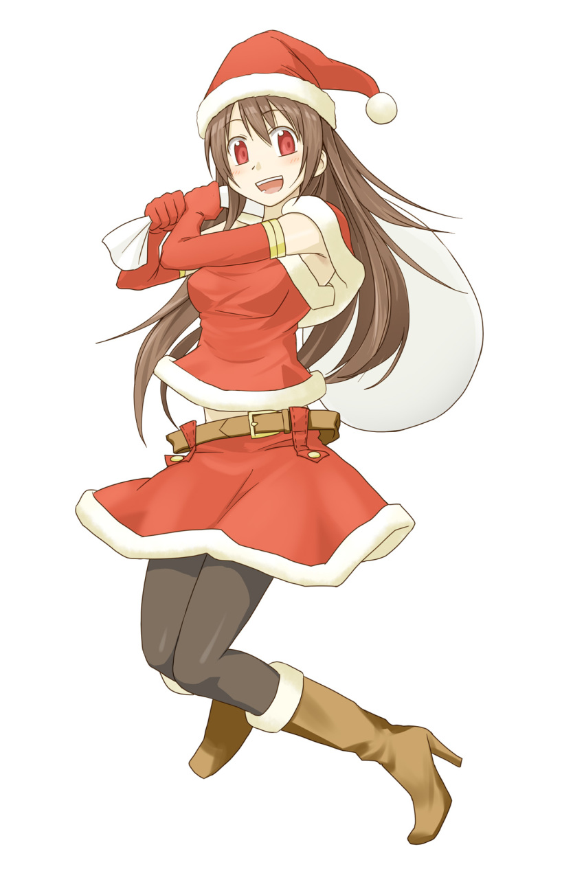 belt blush boots brown_hair christmas elbow_gloves gloves happy hat high_heels highres long_hair open_mouth orda pantyhose red_eyes sack santa_costume santa_hat shoes simple_background skirt smile stocking_cap