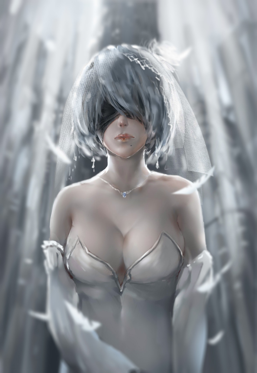1girl bare_shoulders blindfold breasts bridal_veil bride cleavage detached_sleeves dress earrings feathers grey_hair highres jewelry large_breasts mole mole_under_mouth necklace nier_(series) nier_automata shenhaixun short_hair solo upper_body veil wedding_dress yorha_no._2_type_b