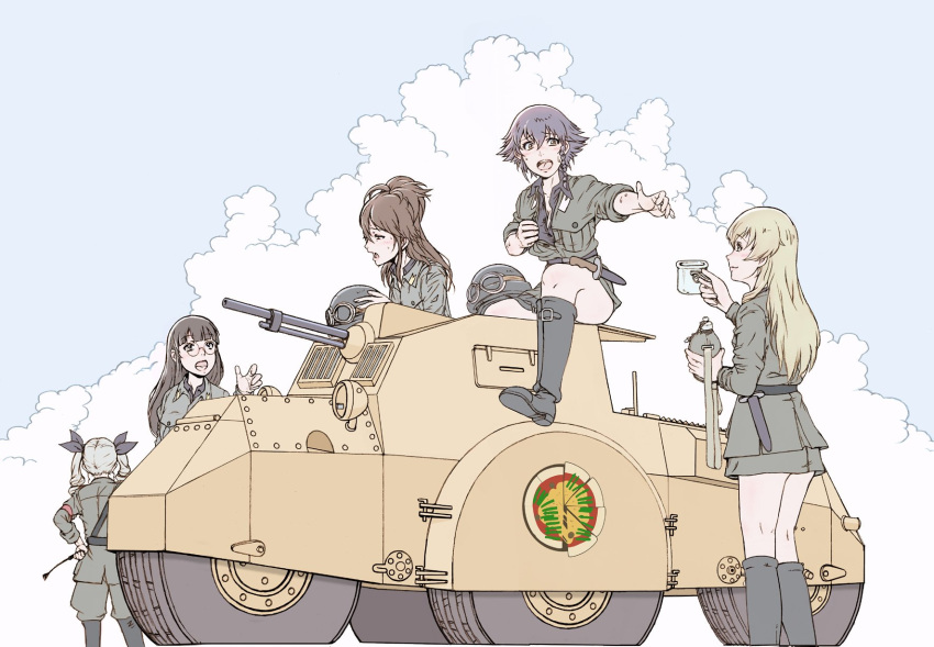 5girls anchovy anzio_(emblem) anzio_military_uniform blonde_hair blush breasts brown_hair canteen carpaccio character_request cleavage cup dagger drill_hair emblem girls_und_panzer glasses goggles goggles_on_headwear gun helmet highres long_hair machine_gun multiple_girls open_clothes open_shirt pepperoni_(girls_und_panzer) riding_crop shirt short_hair smile sweat thighs twintails vehicle_request weapon yoshikawa_kazunori