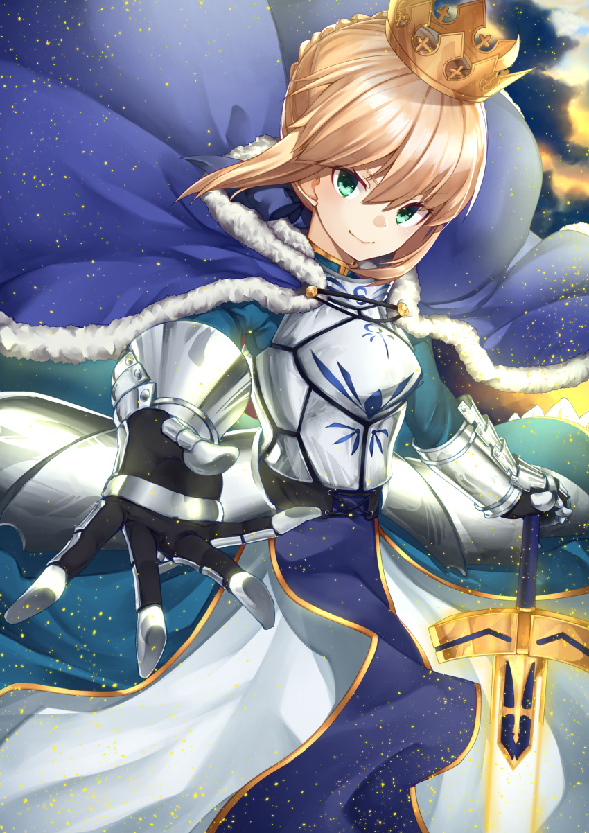 1girl absurdres armor blonde_hair braid cape crown fate/grand_order fate_(series) fur_trim gauntlets gorget green_eyes hand_on_hilt highres looking_at_viewer outstretched_arm saber solo sword wachiroku_(masakiegawa86) weapon wind