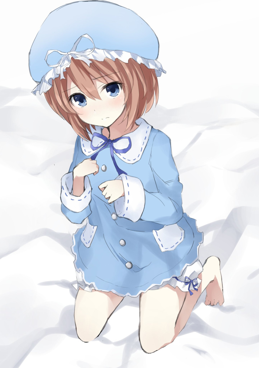 1girl blanc blancpig_yryr blue_eyes blush brown_hair hat highres looking_at_viewer neptune_(series) pajamas short_hair solo