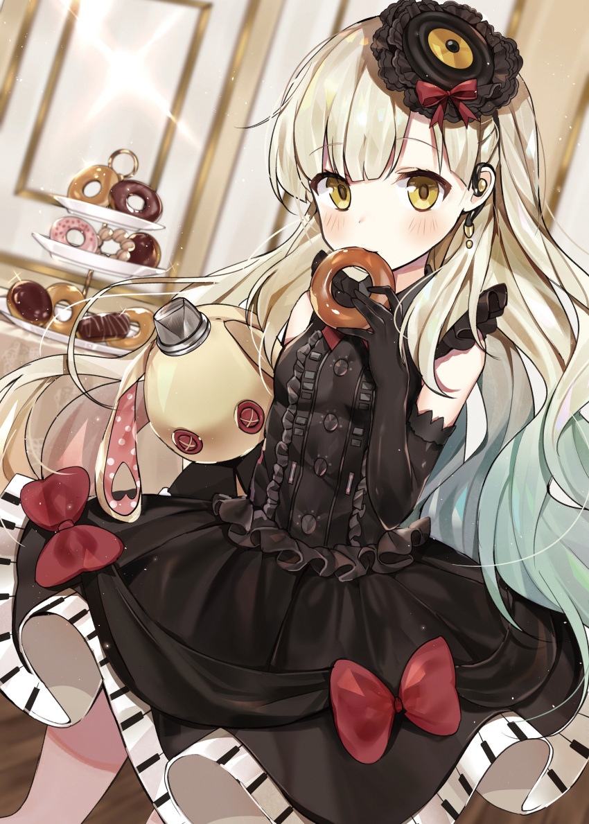 1girl absurdres black_dress black_gloves blonde_hair bow dress earrings elbow_gloves eyebrows_visible_through_hair floating_hair gloves gothic_lolita highres indoors jewelry kurutsu lolita_fashion long_hair looking_at_viewer mayu_(vocaloid) red_bow sleeveless sleeveless_dress solo sparkle very_long_hair vocaloid yellow_eyes