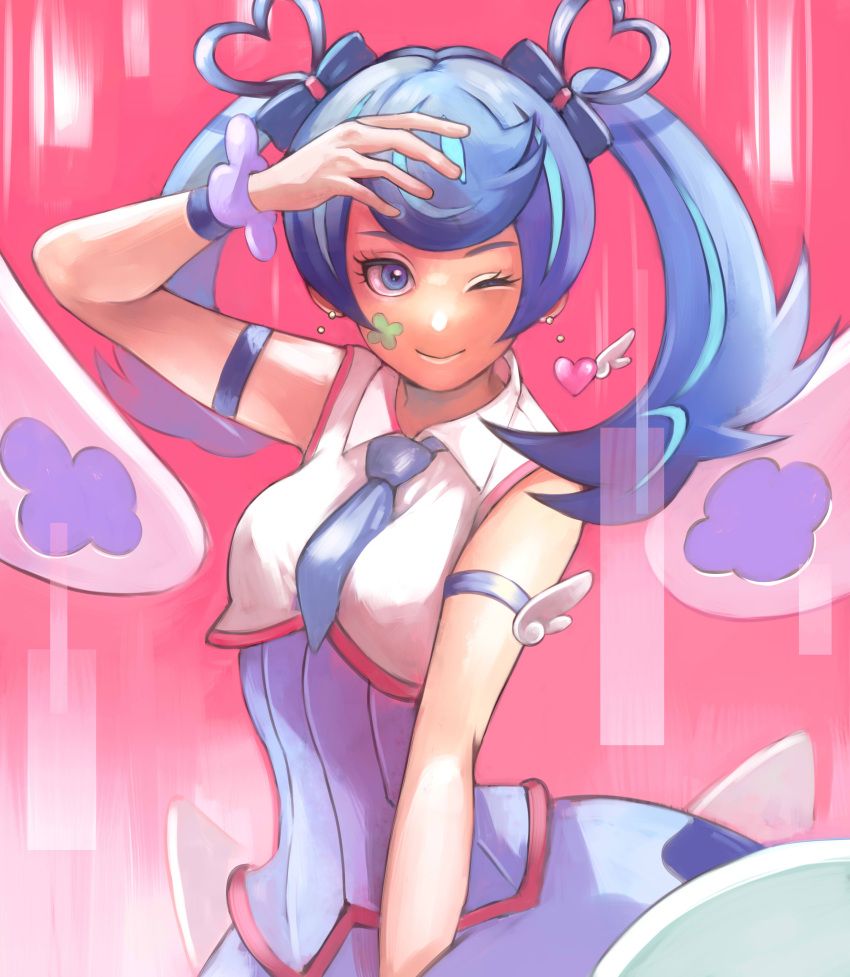 1girl absurdres arm_up blue_angel blue_eyes blue_hair blue_necktie bow earrings facial_tattoo heart heart_earrings highres jewelry mine1225 necktie one_eye_closed pink_background shirt simple_background sleeveless sleeveless_shirt smile tattoo twintails wings yu-gi-oh! yuu-gi-ou_vrains zaizen_aoi