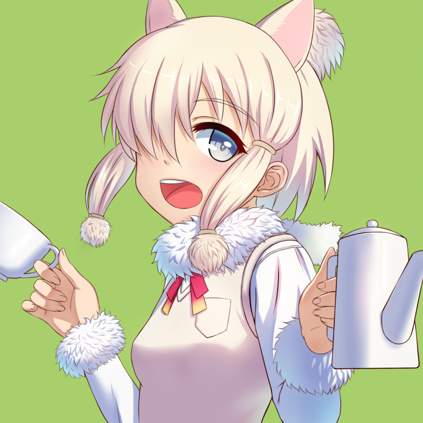 1girl :d alpaca_ears alpaca_suri_(kemono_friends) blonde_hair blue_eyes cup fur_collar fur_trim green_background hair_over_one_eye highres kemono_friends long_sleeves looking_at_viewer open_mouth short_hair simple_background sion_(sion9117ys) smile solo teacup teapot upper_body vest