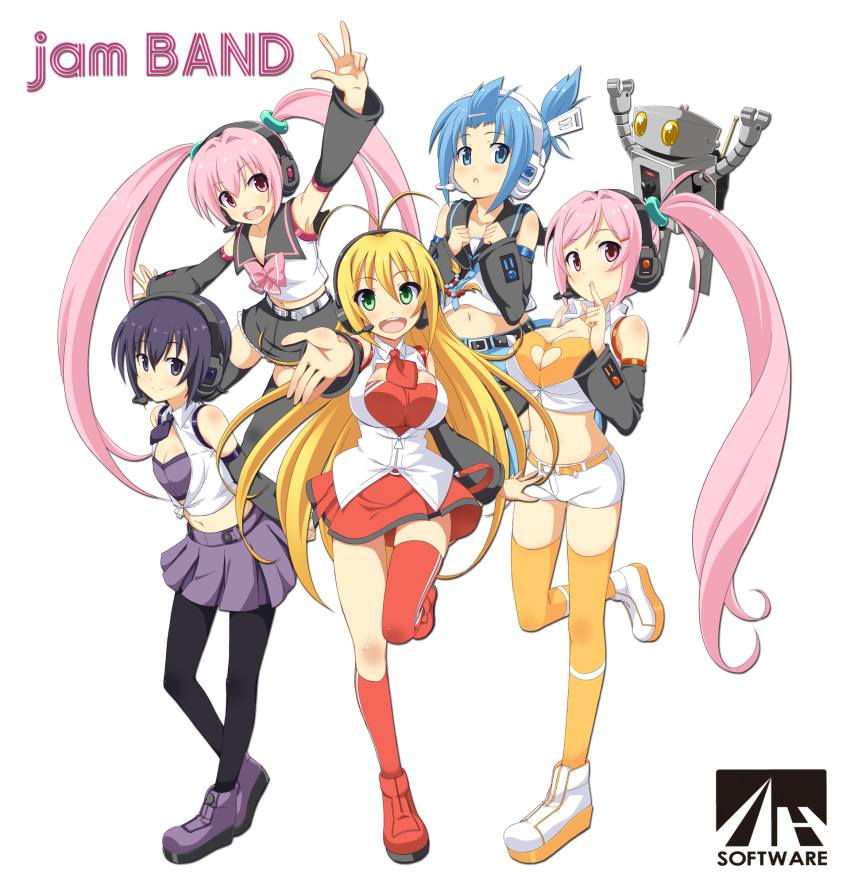 5girls :d amane_kana antenna_hair arm_up black_hair black_legwear black_necktie black_skirt blonde_hair blue_eyes blue_hair breasts cleavage cleavage_cutout collarbone crop_top detached_sleeves eyebrows_visible_through_hair finger_to_mouth green_eyes hair_between_eyes hair_ornament headphones heart_cutout highres index_finger_raised jam_band large_breasts leaning_forward long_hair looking_at_viewer microphone midriff miniskirt mitarashi_marie multiple_girls navel necktie one_leg_raised open_mouth outstretched_arm pantyhose parted_lips pink_eyes pink_hair pleated_skirt ponytail purple_skirt red_legwear red_necktie red_skirt robota shirt short_hair short_necktie short_shorts shorts side_ponytail simple_background skirt small_breasts smile standing standing_on_one_leg stomach thigh-highs tied_shirt tsurumaki_maki tsutsumi_kanon tsutsumi_rizumu twintails very_long_hair w white_background white_shorts yellow_legwear