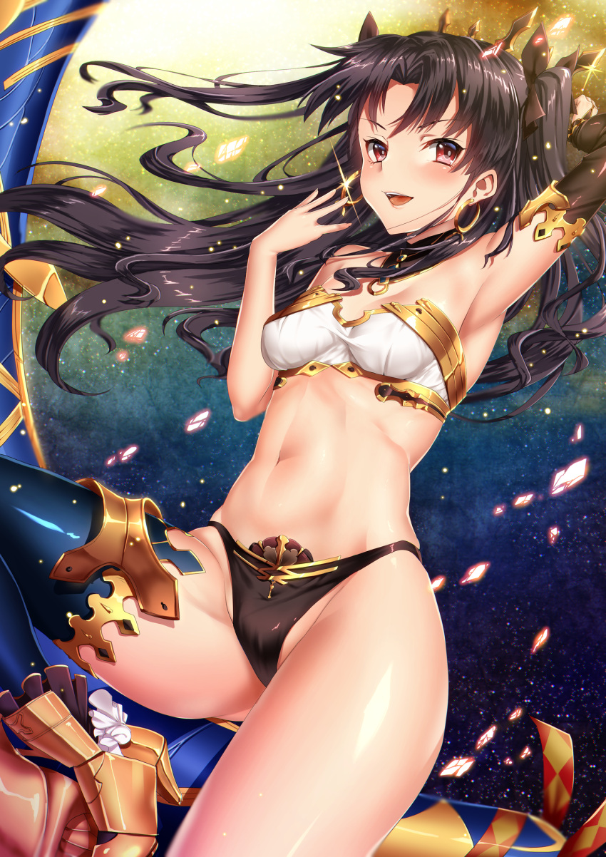 1girl armpits asymmetrical_legwear asymmetrical_sleeves bad_proportions bare_shoulders black_hair black_panties breasts earrings elbow_gloves fate/grand_order fate_(series) gloves hair_ribbon highres hoop_earrings ishtar_(fate/grand_order) jewelry keita_(tundereyuina) long_hair looking_at_viewer navel panties red_eyes ribbon single_elbow_glove single_thighhigh smile solo thigh-highs tohsaka_rin two_side_up underwear weapon
