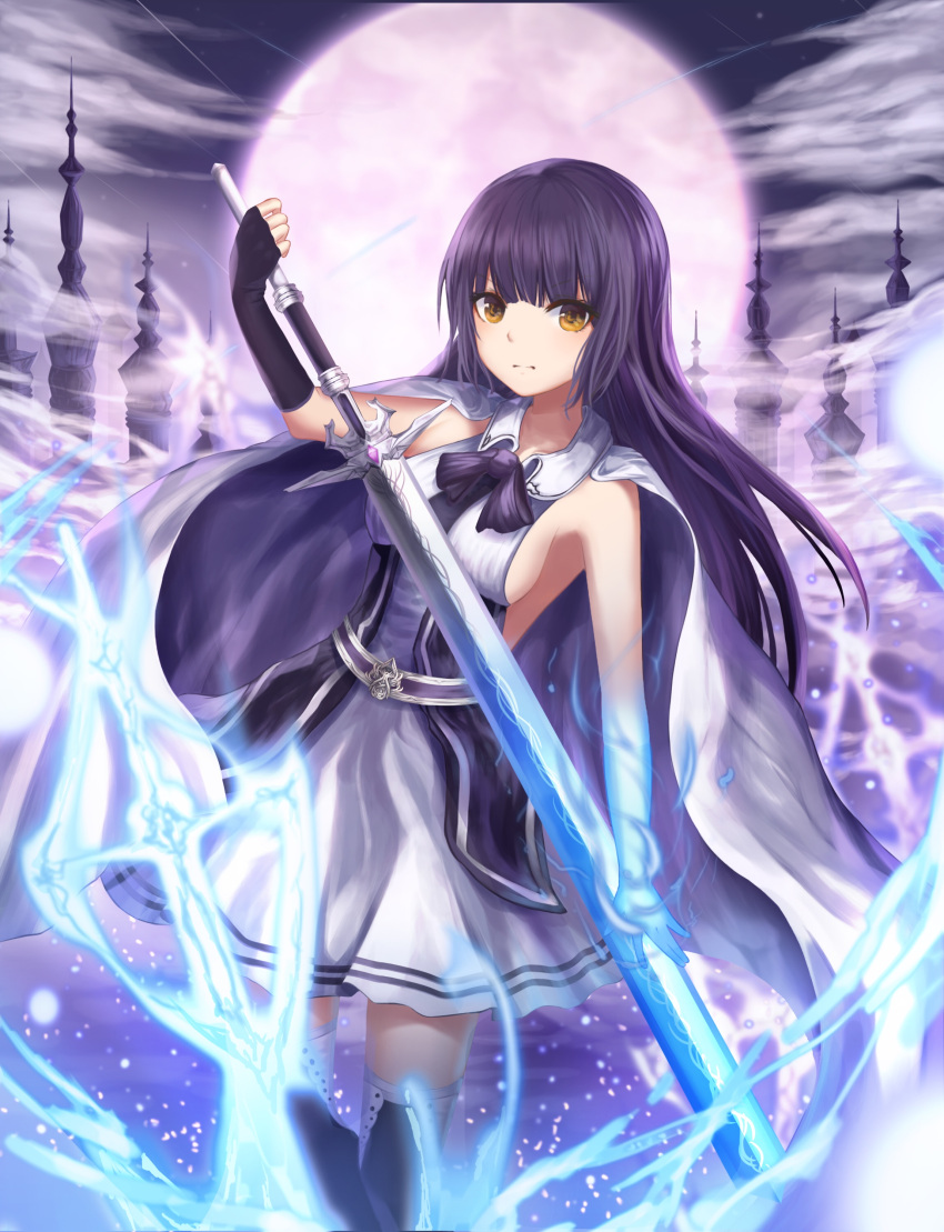 1girl absurdres black_gloves black_hair black_legwear elbow_gloves fingerless_gloves gloves highres holding holding_sword holding_weapon long_hair looking_at_viewer nani_(goodrich) original solo sword thigh-highs weapon yellow_eyes