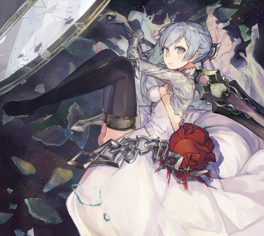 1girl asymmetrical_hair blood boots breasts broken_glass chains detached_sleeves dress flower glass gloves grey_eyes high_heels kikkaiki rose sideboob silver_hair sinoalice snow_white_(sinoalice) solo sword thigh-highs thigh_boots weapon