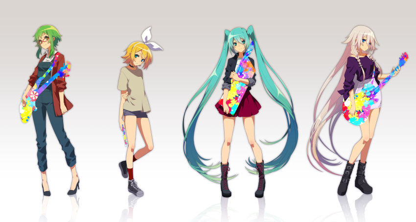 4girls aqua_eyes aqua_hair arms_behind_back bangs belt blonde_hair blue_eyes boots bow braid breasts cardigan choker cross-laced_footwear drumsticks glasses gradient gradient_background green_eyes green_hair guitar gumi hair_bow hatsune_miku high_heels highres holding_instrument ia_(vocaloid) instrument kagamine_rin keyboard_(instrument) lace-up_boots long_hair matsuda_toki multiple_girls reflection short_hair short_shorts shorts skirt smile standing twintails very_long_hair vocaloid white_hair