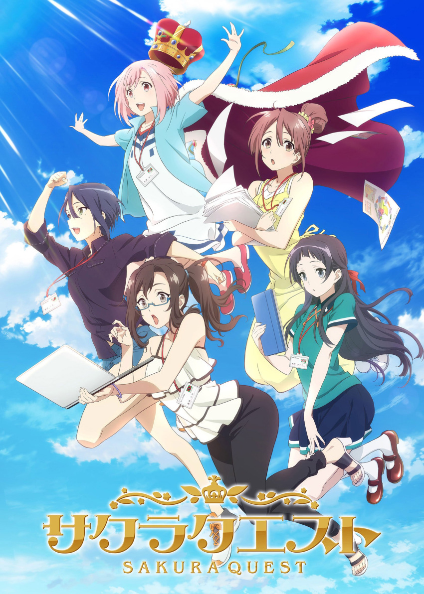 5girls absurdres black_hair blue_eyes brown_eyes brown_hair cape computer crown glasses hair_bun hair_ornament hairclip highres key_visual koharu_yoshino kouzuki_sanae laptop lipstick long_hair looking_at_viewer makeup midorikawa_maki mole mole_under_eye multiple_girls open_mouth oribe_ririko pants pink_eyes pink_hair ponytail red_eyes sakura_quest semi-rimless_glasses shinomiya_shiori short_hair skirt