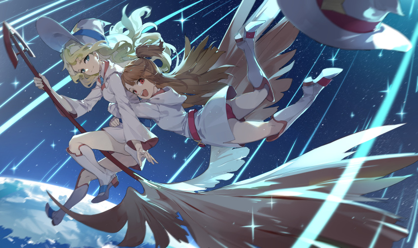 2girls blonde_hair blue_eyes blush boots broom broom_riding brown_hair cloak commentary_request diana_cavendish dress flying hat highres hood hug kagari_atsuko knee_boots little_witch_academia long_hair looking_at_viewer multiple_girls nine_(liuyuhao1992) open_mouth panties pantyshot red_eyes red_panties smile star underwear waist_hug witch witch_hat