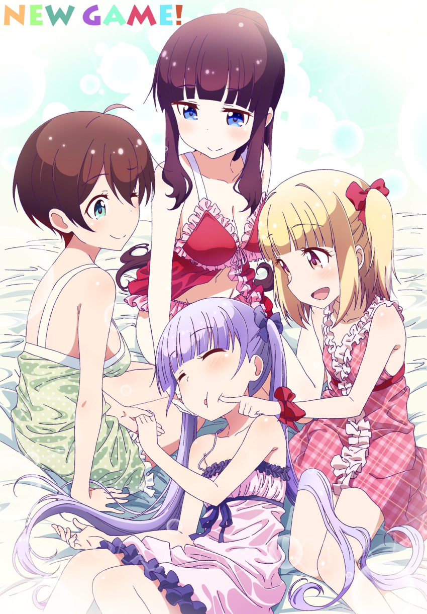 4girls ;) ahoge bed_sheet black_hair blonde_hair blue_eyes blush bow breasts brown_hair cleavage collarbone copyright_name frilled_panties frills hair_bow highres iijima_yun lens_flare lingerie long_hair makicha medium_breasts midriff mole mole_on_breast multiple_girls navel negligee new_game! one_eye_closed panties poking polka_dot ponytail purple_bow purple_hair red_bow shinoda_hajime short_hair sideboob sidelocks sitting sleeping smile stomach suzukaze_aoba takimoto_hifumi twintails underwear underwear_only very_long_hair wrist_bow