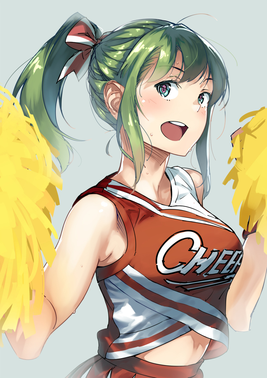 1girl absurdres bangs blue_eyes blush breasts cheerleader green_hair hair_ribbon hands_up highres looking_at_viewer medium_breasts open_mouth original pom_poms ponytail red_ribbon red_skirt ribbon sidelocks simple_background sketch skirt smile solo striped striped_ribbon sweat twinpoo upper_body