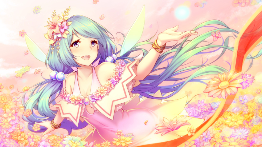 1girl :d blue_eyes blue_hair bracelet breasts cleavage collarbone dress field floating_hair flower flower_field gogatsu_no_renkyuu green_hair hair_flower hair_ornament hatsune_miku highres jewelry long_hair multicolored_hair open_mouth outstretched_arms pink_dress sleeveless sleeveless_dress small_breasts smile solo two-tone_hair very_long_hair vocaloid wings
