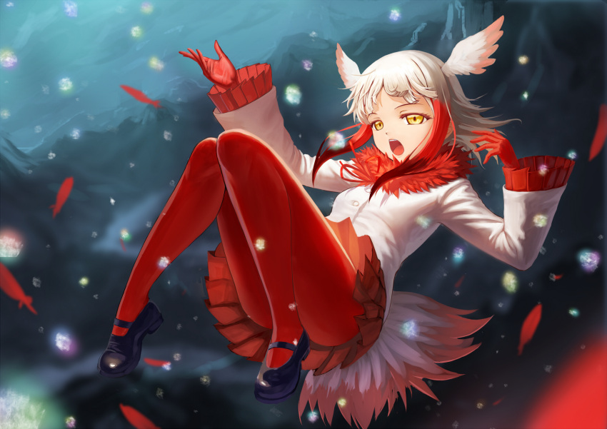 1girl bird_tail brown_hair commentary feathers flying full_body fur_collar gloves head_wings highres japanese_crested_ibis_(kemono_friends) kemono_friends long_hair long_sleeves looking_at_viewer mountain multicolored_hair music open_mouth outstretched_arm pantyhose_sniffing pleated_skirt pleated_sleeves red_gloves red_legwear red_skirt redhead sandstar shirt shoes singing sion_(sion9117ys) skirt solo white_hair white_shirt yellow_eyes