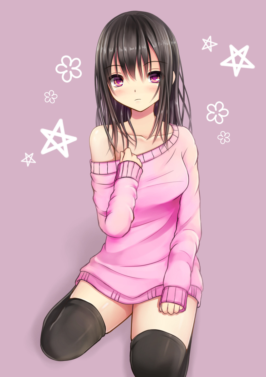 1girl black_hair black_legwear blush highres kurokami_(kurokaminohito) long_hair looking_at_viewer off_shoulder original sitting skindentation sleeves_past_wrists solo sweater thigh-highs violet_eyes wariza