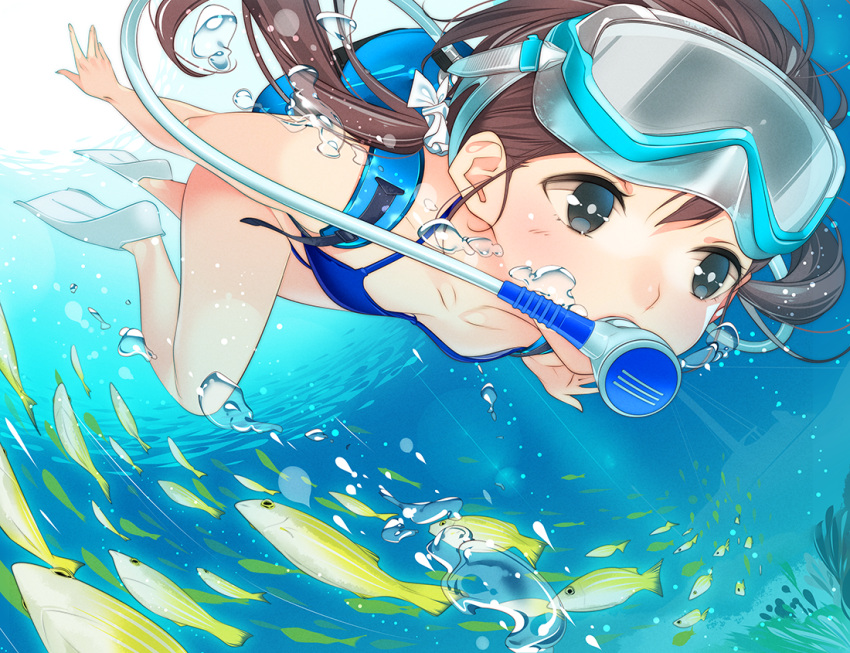 1girl air_bubble ama_mitsuki bangs bikini blue_bikini blush breasts brown_hair collarbone diving_mask fish flippers floating_hair goggles goggles_on_head grey_eyes hair_ornament hair_scrunchie long_hair looking_afar low_twintails original school_of_fish scrunchie scuba scuba_gear small_breasts solo swimsuit twintails underwater you're_doing_it_wrong