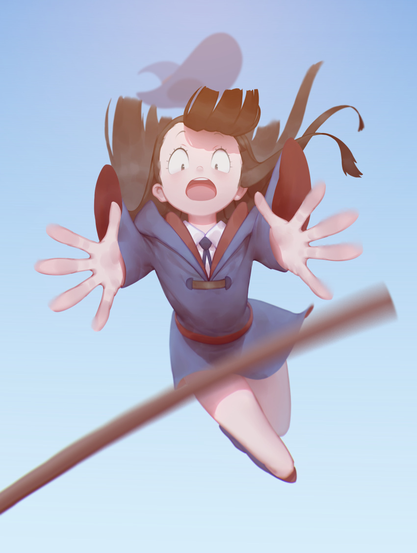 1girl absurdres broom brown_hair flying from_below hat hat_removed headwear_removed highres kagari_atsuko little_witch_academia long_hair open_mouth outstretched_arms solo witch_hat xnm