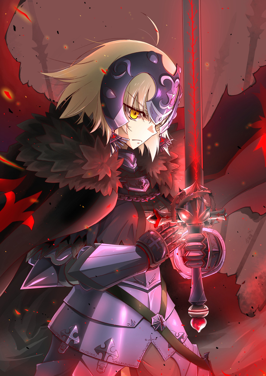 1girl ahoge armor armored_dress black_cape blonde_hair cape cowboy_shot eyebrows_visible_through_hair fate/grand_order fate_(series) gauntlets highres holding holding_sword holding_weapon jeanne_alter penguinking ruler_(fate/apocrypha) short_hair solo standing sword weapon yellow_eyes