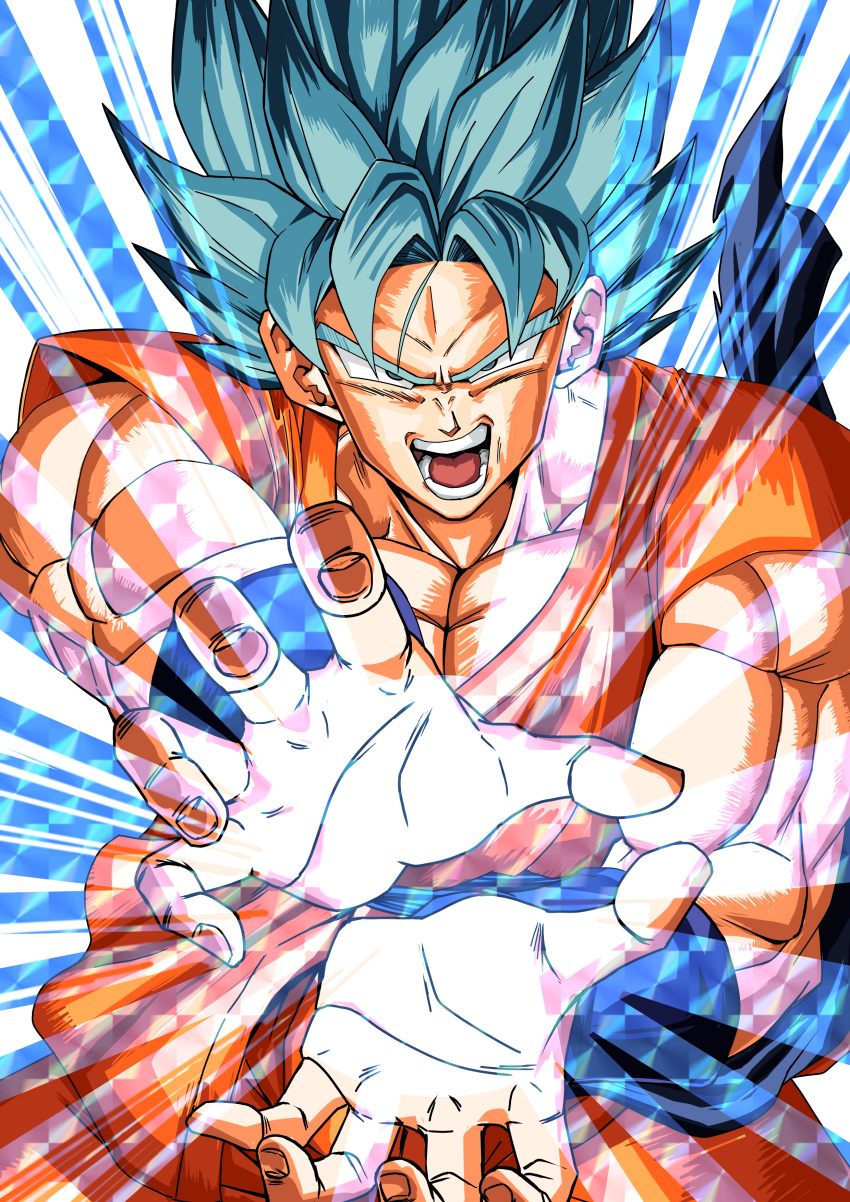 1boy absurdres attack attacking_viewer blue_background blue_eyes blue_hair colorful dougi dragon_ball dragonball_z energy energy_ball fighting_stance fingernails greymon_(nodoame1215) highres kamehameha looking_at_viewer official_style open_hands open_mouth outstretched_arms outstretched_hand serious short_hair solo son_gokuu spiky_hair super_saiyan_blue