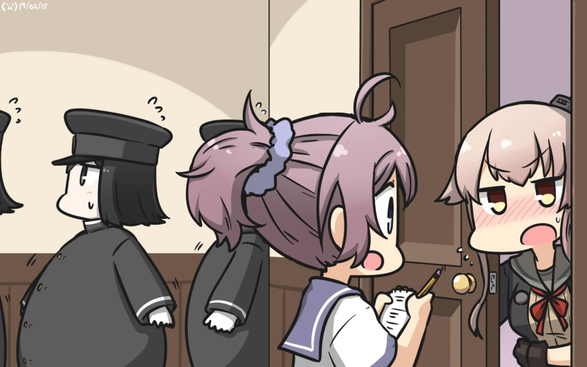 3girls akitsu_maru_(kantai_collection) aoba_(kantai_collection) black_eyes black_gloves black_hair black_jacket blue_eyes blue_scrunchie blush brown_eyes clone commentary_request dated door fat flying_sweatdrops gloves grey_sailor_collar grey_skirt hair_flaps hallway hamu_koutarou hat highres jacket kantai_collection long_hair military military_uniform multiple_girls neck_ribbon neckerchief notepad open_mouth pale_skin peaked_cap pencil pink_hair ponytail purple_hair red_ribbon remodel_(kantai_collection) ribbon sailor_collar school_uniform scrunchie serafuku short_hair skirt uniform very_long_hair yura_(kantai_collection)