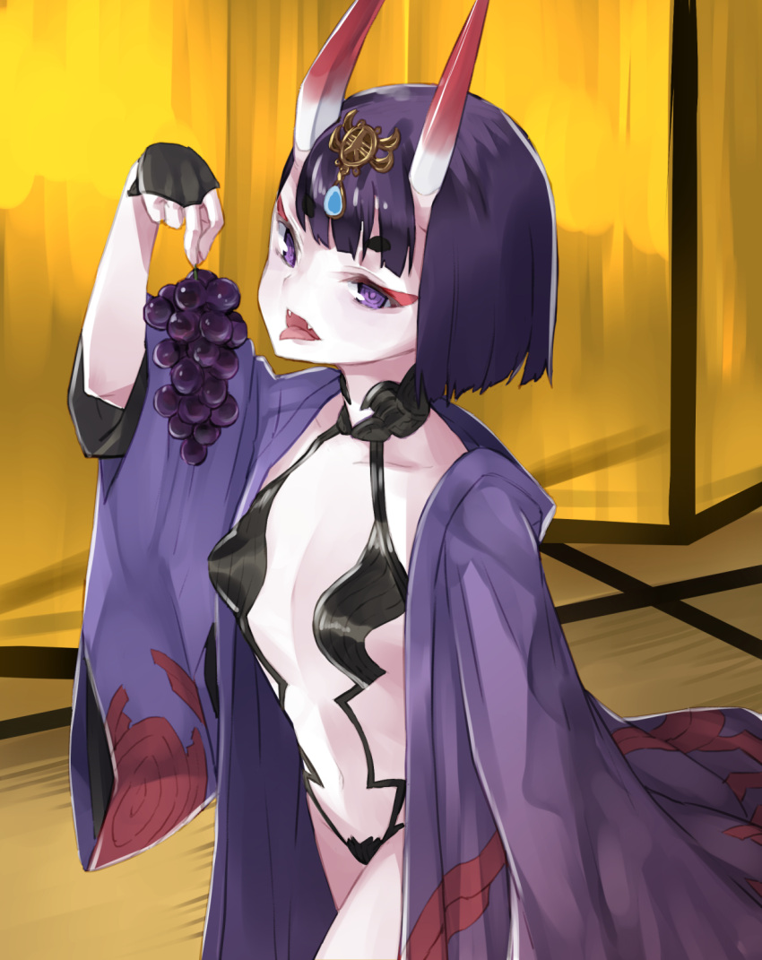 1girl black_hair breasts cleavage collarbone cowboy_shot eyebrows_visible_through_hair fate/grand_order fate_(series) food fruit grapes highres holding holding_food horns indoors midriff navel nuqura short_hair shuten_douji_(fate/grand_order) small_breasts solo standing stomach
