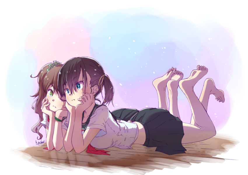 2girls barefoot black_skirt blue_eyes blush brown_hair eyebrows_visible_through_hair feet feet_together green_eyes head_in_hand kagawa_yuusaku lying multiple_girls on_stomach original school_uniform serafuku short_hair side_ponytail skirt soles toes