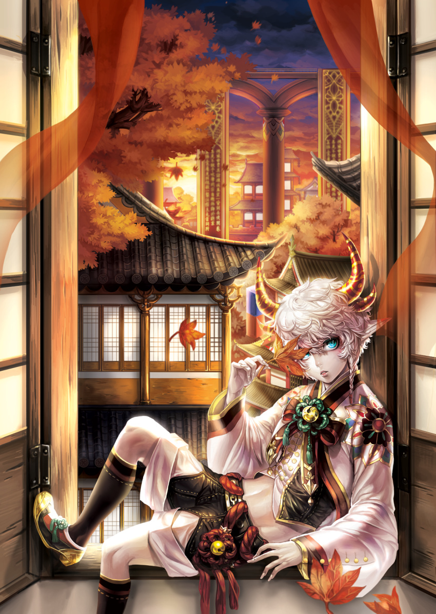 1boy against_window architecture autumn_leaves bangs banner black_legwear black_ribbon black_shorts blowing_leaves blue_eyes box_(hotpppink) braid buttons clouds cloudy_sky commentary_request demon_boy demon_horns east_asian_architecture fingernails from_side gradient_sky hair_between_eyes highres holding holding_leaf horns knee_up kneehighs leaf long_sleeves looking_away looking_to_the_side male_focus maple_leaf maple_tree midriff motion_blur navel original parted_lips pointy_ears ribbon scenery sharp_fingernails shorts shouji side_braid sitting sky sliding_doors slit_pupils solo sunset tassel tree white_hair white_skin wind windowsill