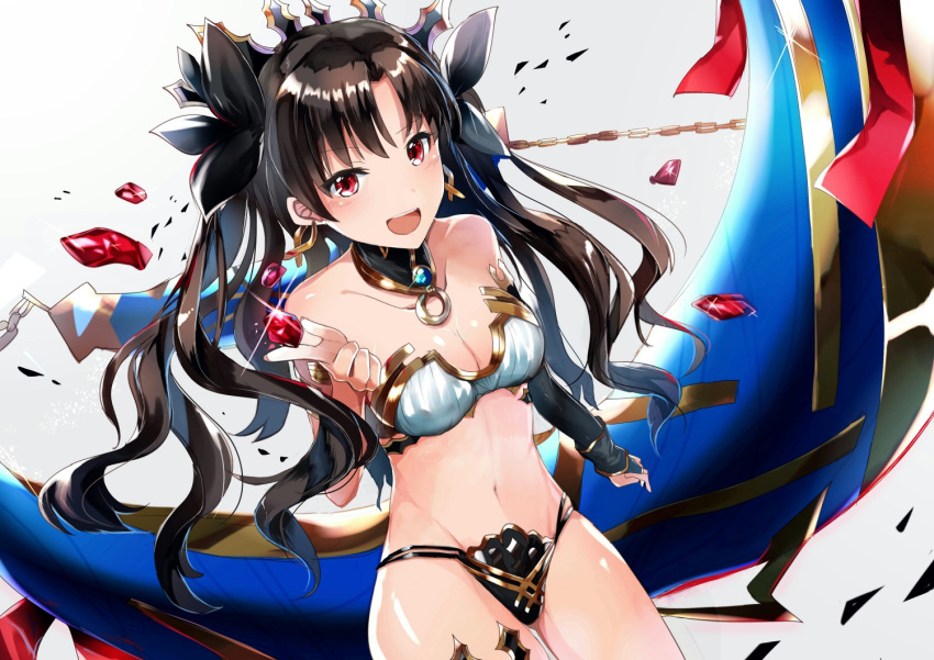 1girl artist_request black_hair blush crown earrings fate/grand_order fate_(series) gem hair_ribbon ishtar_(fate/grand_order) jewelry long_hair looking_at_viewer navel open_mouth red_eyes ribbon shiny shiny_hair shiny_skin solo thigh-highs tohsaka_rin twintails