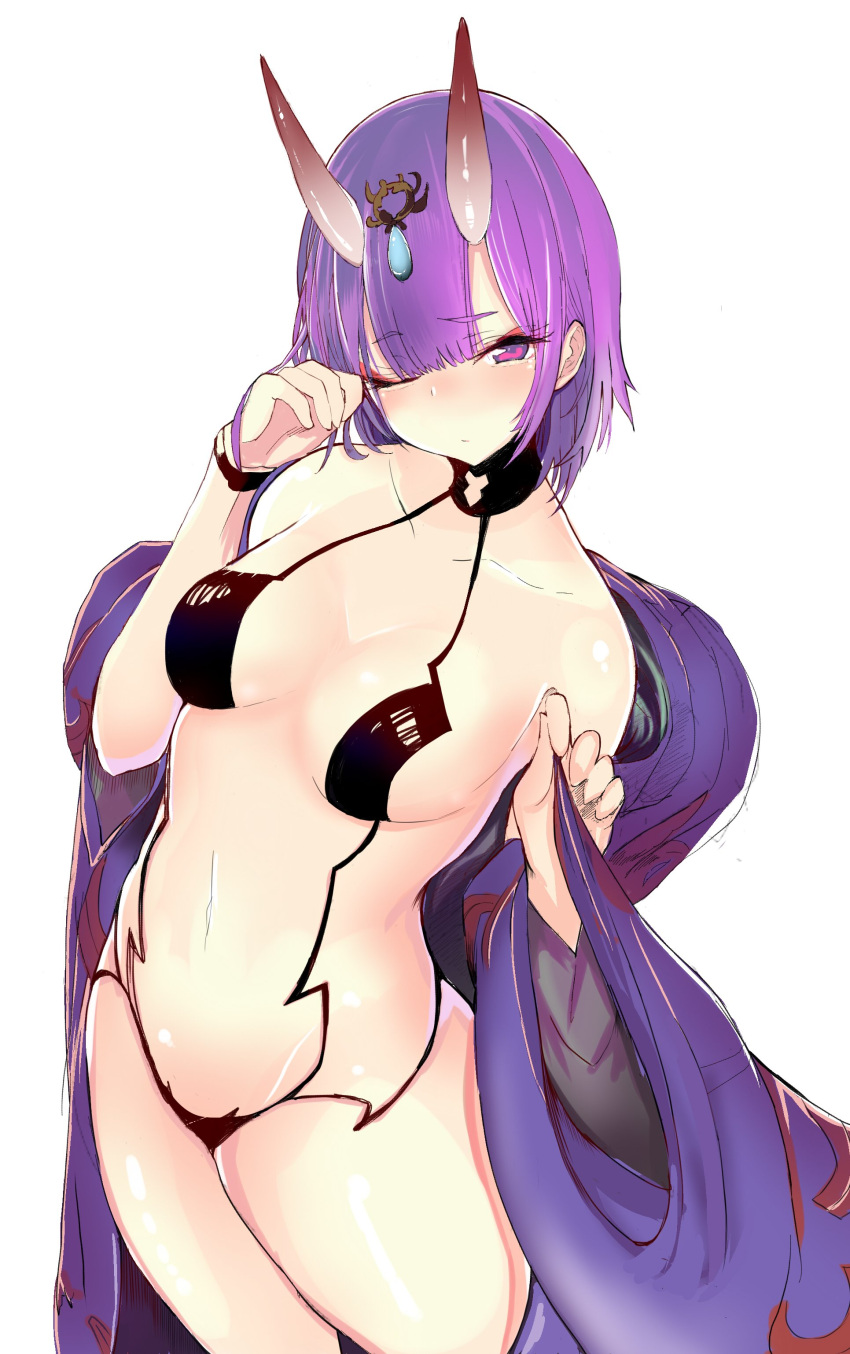 1girl absurdres breasts fafas68 fate/grand_order fate_(series) hair_ornament highres horns japanese_clothes kimono looking_at_viewer navel one_eye_closed oni purple_hair revealing_clothes simple_background solo violet_eyes white_background yuku_(kiollion)