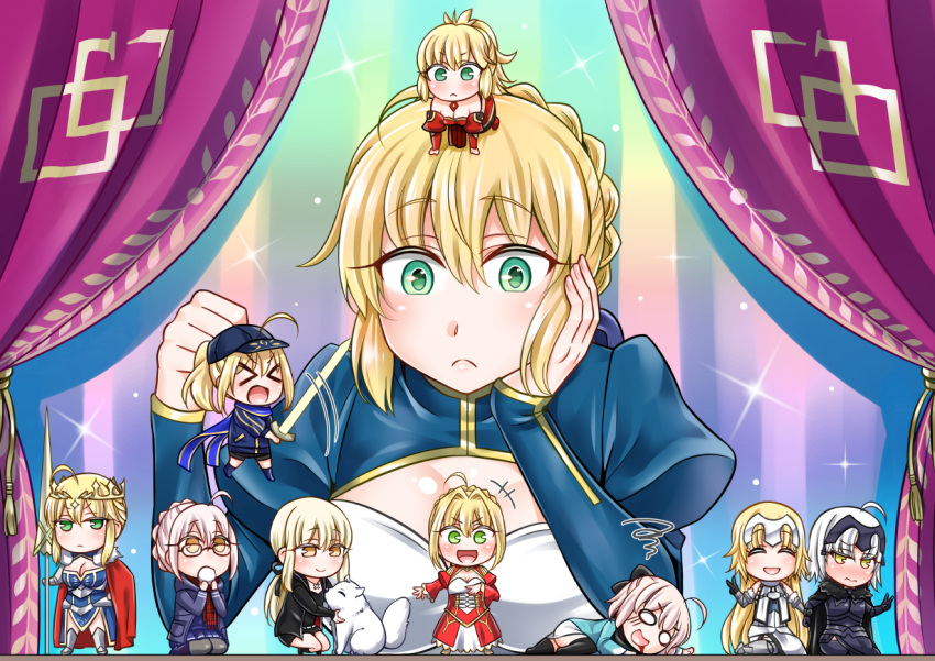 &gt;_&lt; 6+girls :d ^_^ ^o^ ahoge animal armor armored_dress artoria_pendragon_lancer_(fate/grand_order) bangs baseball_cap black-framed_eyewear black_bow black_gloves black_scarf blonde_hair blood blood_from_mouth blood_on_face blouse blue_jacket bow braid breasts cape capelet chibi chibi_on_head cleavage closed_eyes crown dog dress eating epaulettes fate/apocrypha fate/extra fate/grand_order fate/stay_night fate_(series) fur_trim gauntlets glasses gloves green_eyes hair_between_eyes hair_bow haori hat headpiece heroine_x heroine_x_(alter) jacket japanese_clothes jeanne_alter kimono koha-ace large_breasts long_hair looking_at_viewer lying mabo-udon multiple_girls on_side open_mouth plaid plaid_scarf ponytail red_dress red_scarf rhongomyniad ruler_(fate/apocrypha) saber saber_alter saber_extra saber_of_red sakura_saber scarf school_uniform semi-rimless_glasses shaded_face short_kimono shorts sidelocks skirt smile swept_bangs sword thigh-highs track_jacket under-rim_glasses weapon xo yellow_eyes