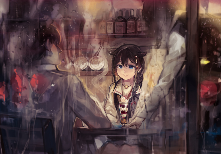1girl 2boys admiral_(kantai_collection) aika_warazu black_hair blue_eyes braid commentary dating hair_flaps hair_ornament hair_over_shoulder highres jewelry kantai_collection long_hair long_sleeves looking_at_another military military_uniform multiple_boys necklace rain remodel_(kantai_collection) shigure_(kantai_collection) short_hair sitting smile uniform waiter