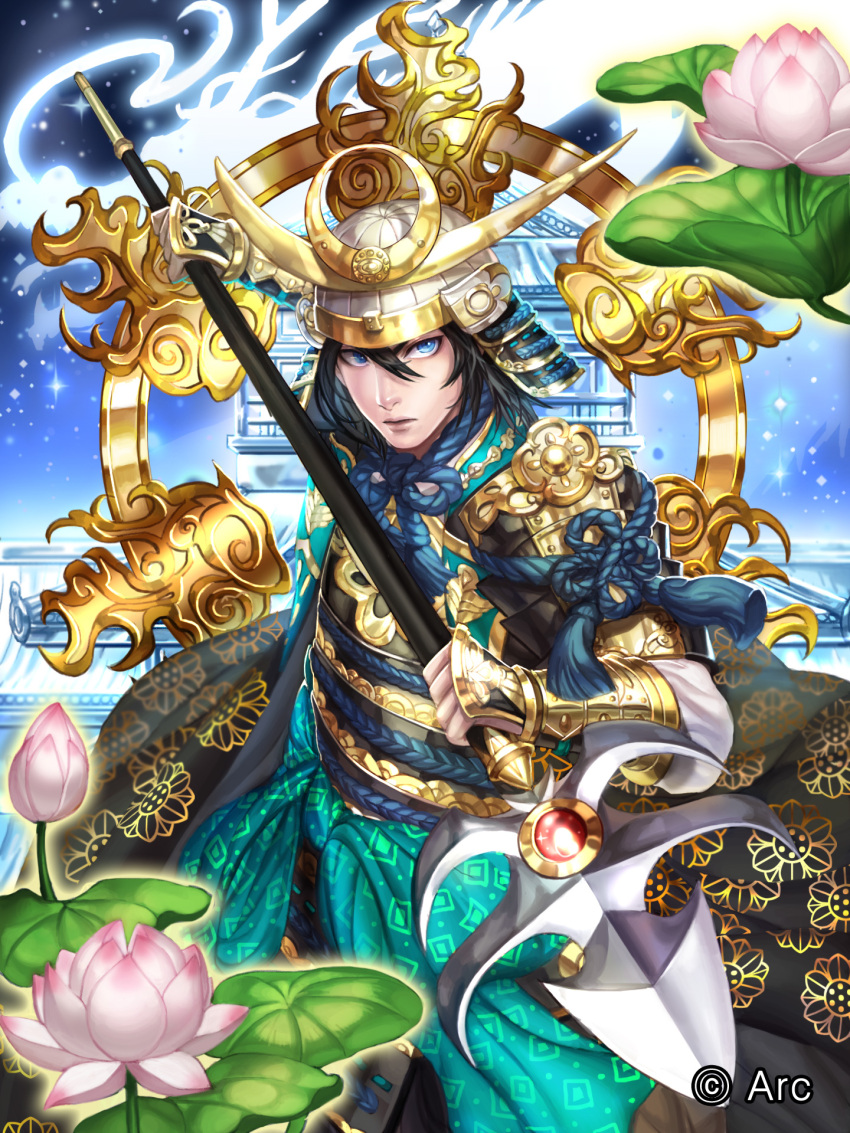 1boy architecture armor black_coat black_hair blue_eyes box_(hotpppink) closed_mouth coat commentary_request company_name east_asian_architecture fighting_stance floral_print flower gem glowing glowing_flower hair_between_eyes halo helmet highres holding holding_spear holding_weapon japanese_armor japanese_clothes kabuto kusazuri looking_at_viewer lotus male_focus official_art open_clothes open_coat polearm print_coat rope ruby_(stone) sengoku_kishin_valkyrie serious sky solo sparkle spear star_(sky) starry_sky tassel two-handed vambraces weapon
