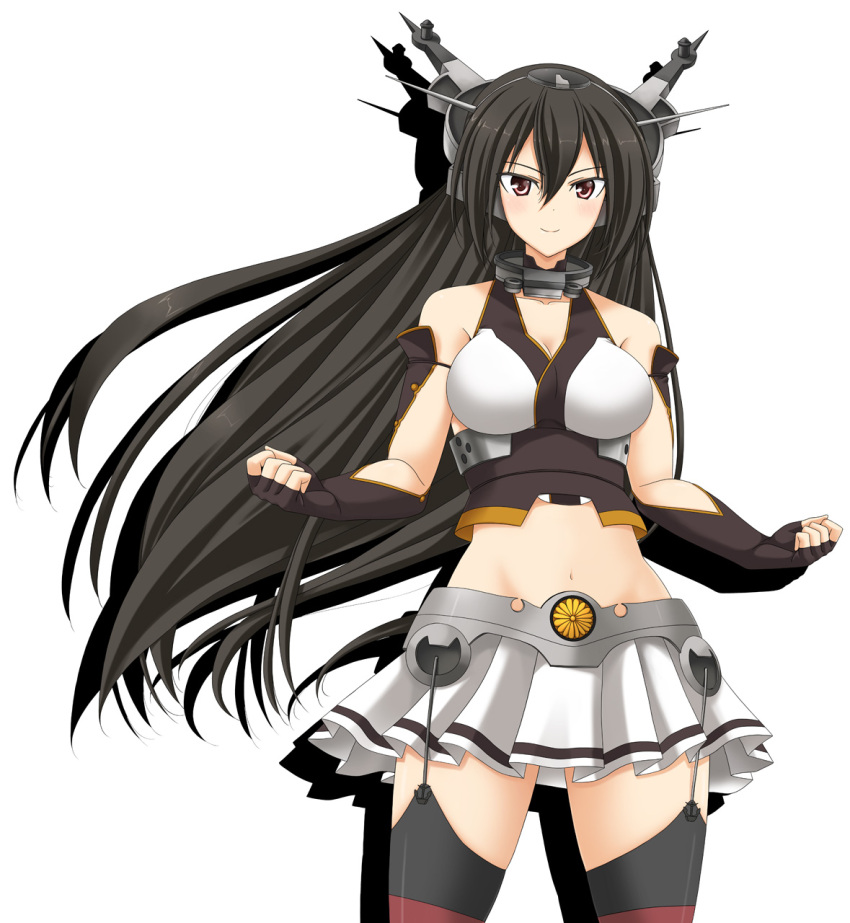 10s 1girl black_gloves black_hair breasts brown_eyes clenched_hands elbow_gloves fingerless_gloves garter_straps gloves hair_between_eyes headgear highres kantai_collection large_breasts long_hair miniskirt nagato_(kantai_collection) pleated_skirt rappa_(rappaya) simple_background skirt smile solo thigh-highs white_background white_skirt