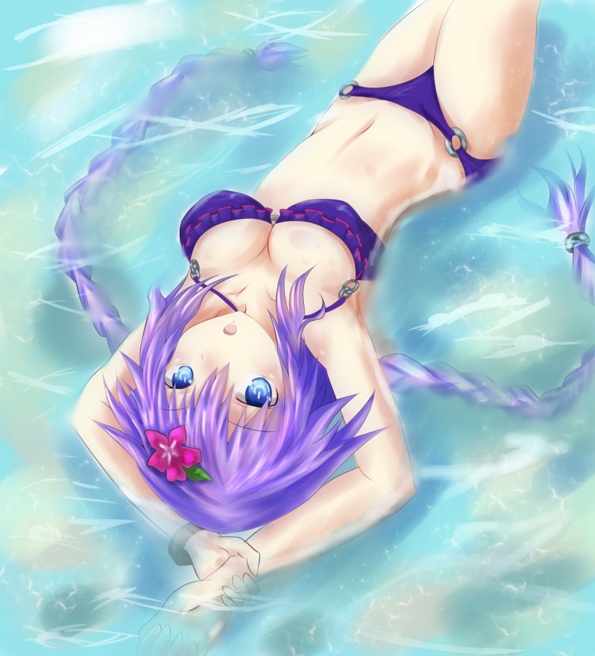 1girl bikini blue_eyes blush braid breasts cleavage highres long_hair looking_at_viewer lying medium_breasts navel neptune_(choujigen_game_neptune) neptune_(series) niche-tan on_back open_mouth purple_hair purple_heart solo swimsuit symbol-shaped_pupils twin_braids very_long_hair