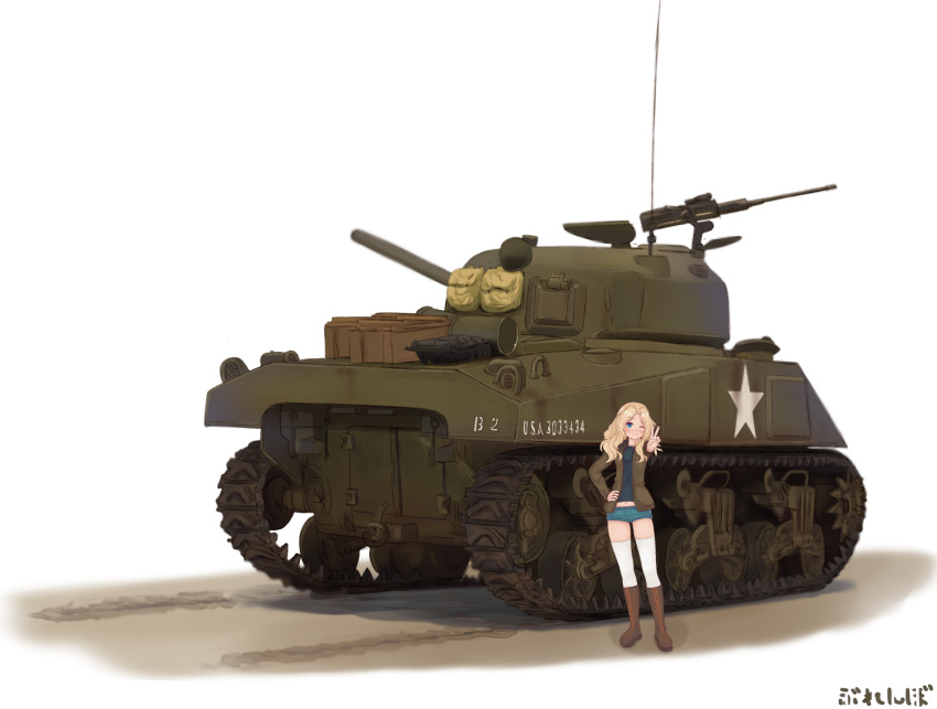 1girl artist_name black_shirt blonde_hair blue_eyes blue_shorts boots brown_boots brown_jacket burenbo closed_mouth commentary_request denim denim_shorts girls_und_panzer ground_vehicle hair_intakes hand_on_hip jacket kay_(girls_und_panzer) long_hair long_sleeves looking_at_viewer m4_sherman midriff military military_uniform military_vehicle motor_vehicle one_eye_closed open_clothes open_jacket shirt short_shorts shorts signature smile solo standing star tank thigh-highs uniform v white_legwear
