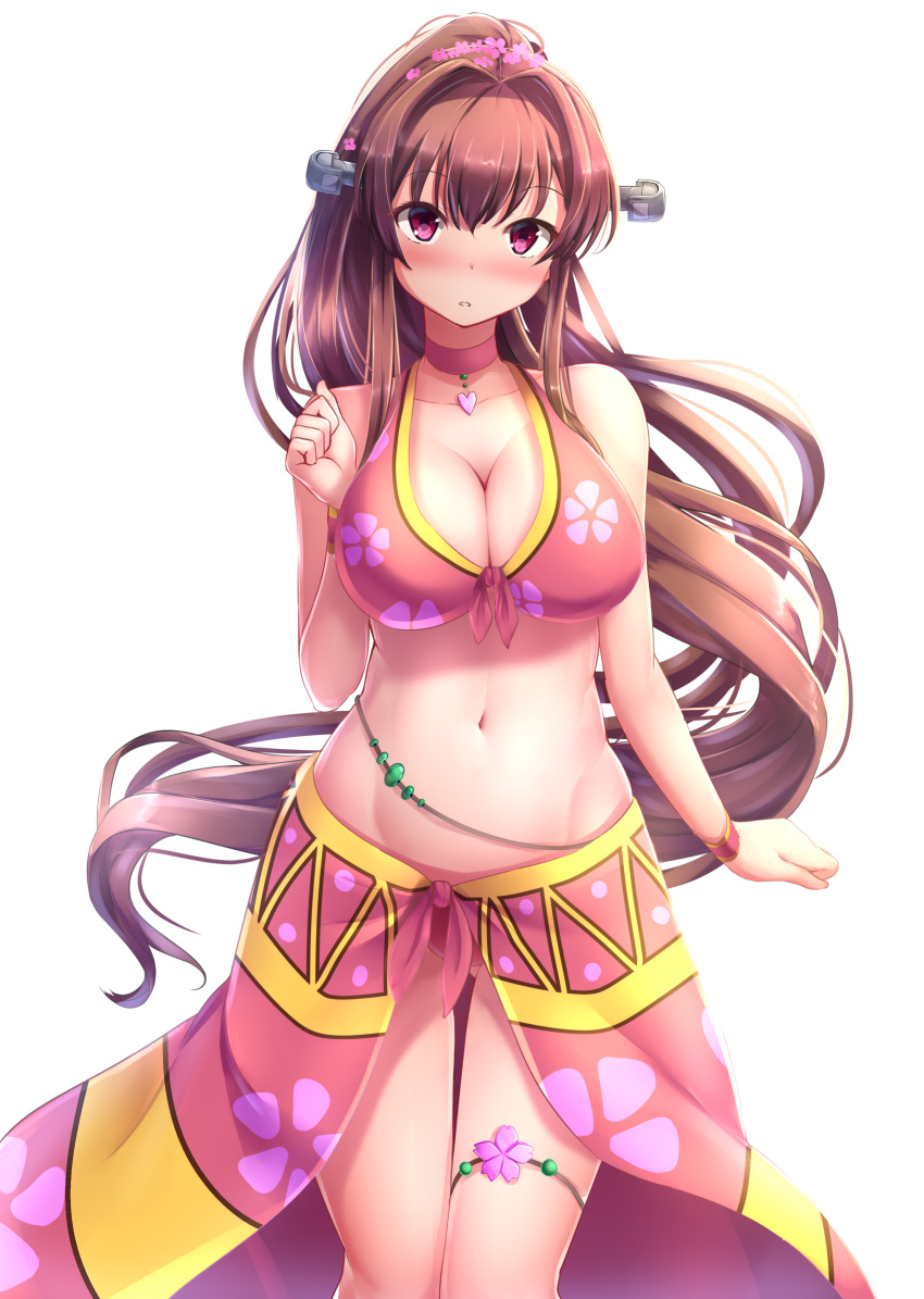 1girl absurdres alternate_costume bikini blush breasts brown_hair flower front-tie_bikini front-tie_top hair_flower hair_ornament highres kantai_collection large_breasts long_hair nicoby open_mouth pink_bikini pink_eyes pink_flower ponytail simple_background solo swimsuit very_long_hair white_background yamato_(kantai_collection)