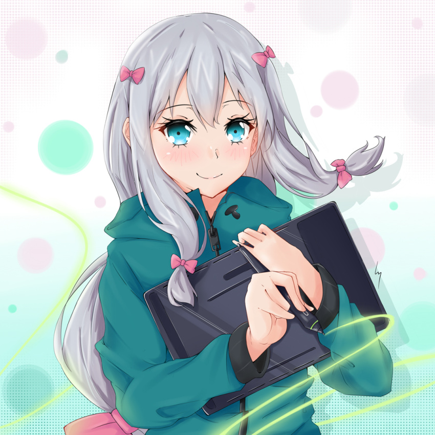 1girl bangs blue_eyes blush bow closed_mouth drawing eromanga_sensei eyebrows_visible_through_hair grey_hair hair_bow izumi_sagiri jacket keikyu_(tiltedcube) lines long_hair looking_at_viewer low-tied_long_hair pink_bow scribble silver_hair solo stylus tablet tablet_pc wacom