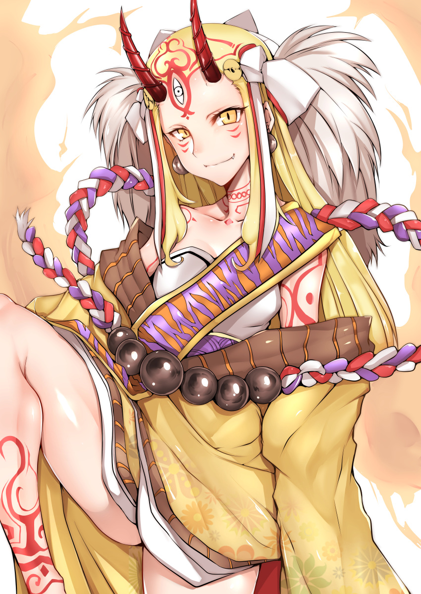 absurdres belt blonde_hair breasts collarbone earrings fang_out fate/grand_order fate_(series) gggg highres horns ibaraki_douji_(fate/grand_order) japanese_clothes jewelry kimono long_hair looking_at_viewer no_eyebrows one_leg_raised oni smile tattoo yellow_eyes