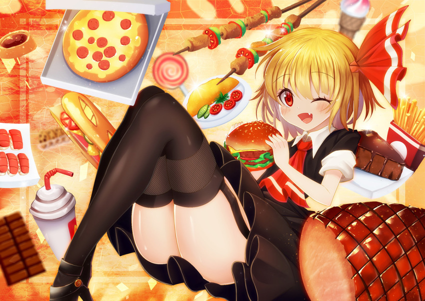 1girl ;d ascot baguette black_legwear black_skirt blonde_hair bread cake candy chocolate chocolate_bar chocolate_cake cookie fang food french_fries garter_straps hair_ribbon hamburger holding holding_food ice_cream ice_cream_cone knees_up lollipop looking_back meat omelet one_eye_closed open_mouth pizza plate red_eyes red_ribbon ribbon rumia shirt short_hair skewer skirt skirt_set sleeves_rolled_up slice_of_cake smile solo sushi thigh-highs tomato touhou wing_collar z.o.b