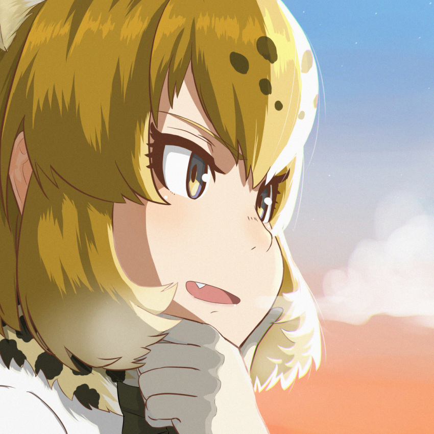 1girl blonde_hair blush bow clouds face fang fur_collar gloves hand_on_own_chin ichinose_rokujo jaguar_(kemono_friends) jaguar_ears kemono_friends looking_to_the_side open_mouth short_hair sky solo star_(sky) starry_sky yellow_eyes