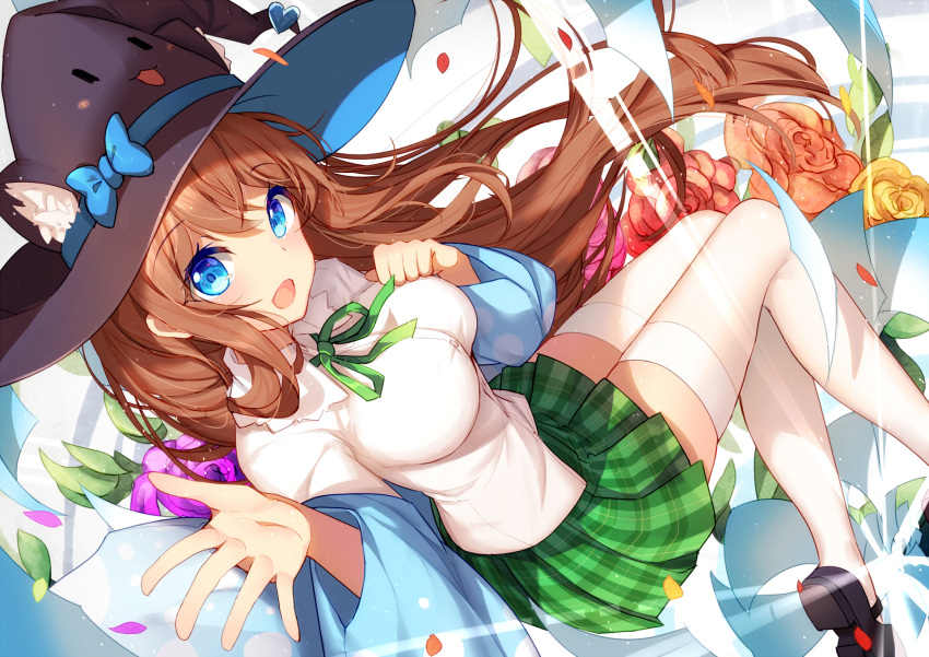 1girl bison_cangshu black_hat blue_bow blue_eyes blue_ribbon bow breasts brown_hair character_request copyright_request eyebrows_visible_through_hair green_skirt hat hat_bow hat_ribbon highres large_breasts long_hair looking_at_viewer plaid plaid_skirt ribbon skirt solo thigh-highs white_legwear witch_hat
